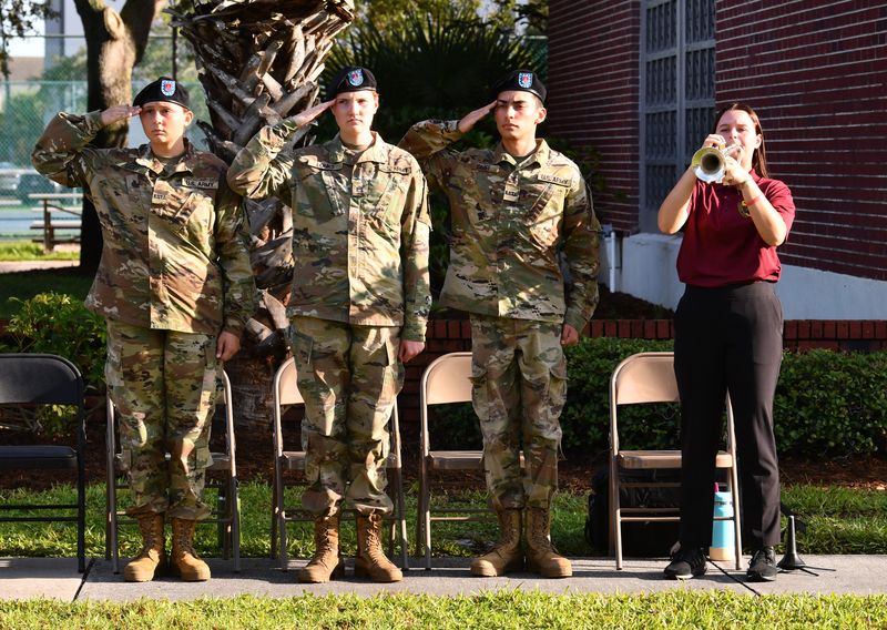 Florida Tech held a 9/11 Remembrance ceremony Friday morning. At exactly 8:46, the time the first plane hit the tower, the Florida Tech Army ROTC Color Guard posted the Colors and student Jolie Miracle played Taps. There were speeches by interim president Bob King and four Florida Tech Panther ROTC cadets.