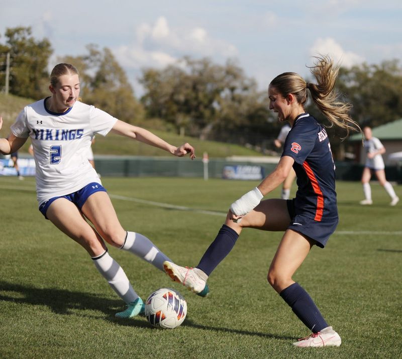 Benjamin’s (7) Sienna Barboni defends the ball down the field during the FHSAA semi-finals soccer tournament in DeLand, Thursday, Feb.27,2025
