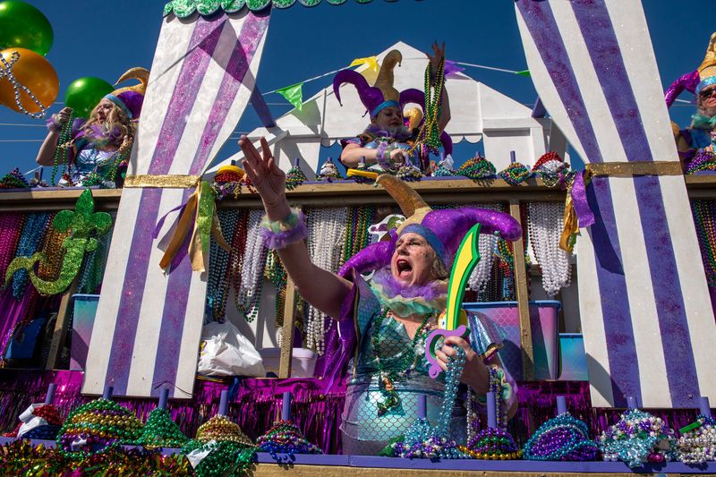 Revelers take in the festivities during the Krewe of Wrecks Mardi Gras Parade at Pensacola Beach Sunday, March 2, 2025.