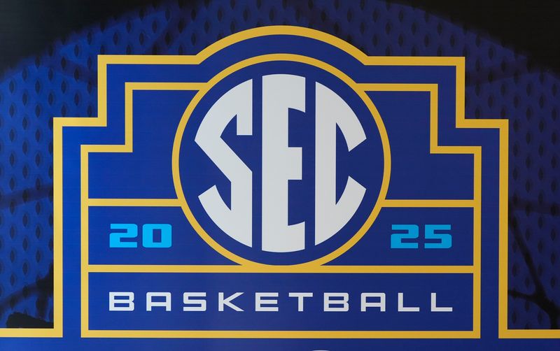 Southeastern Conference logo is displayed during SEC Basketball Media Day at the Grand Bohemian Hotel in Mountain Brook in Birmingham, Alabama on Tuesday, Oct. 15, 2024.
