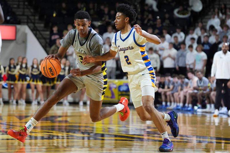 Providence Christian's Chris Washington (33) drives to the basket as Goodpasture Christian's King Keary (2) guards him during a Division II-A semifinal game between Providence Christian Academy and Goodpasture Christian Academy at Tennessee Tech University’s Hooper Ebler Center in Cookeville, Tenn., on Thursday, March 6, 2025.
