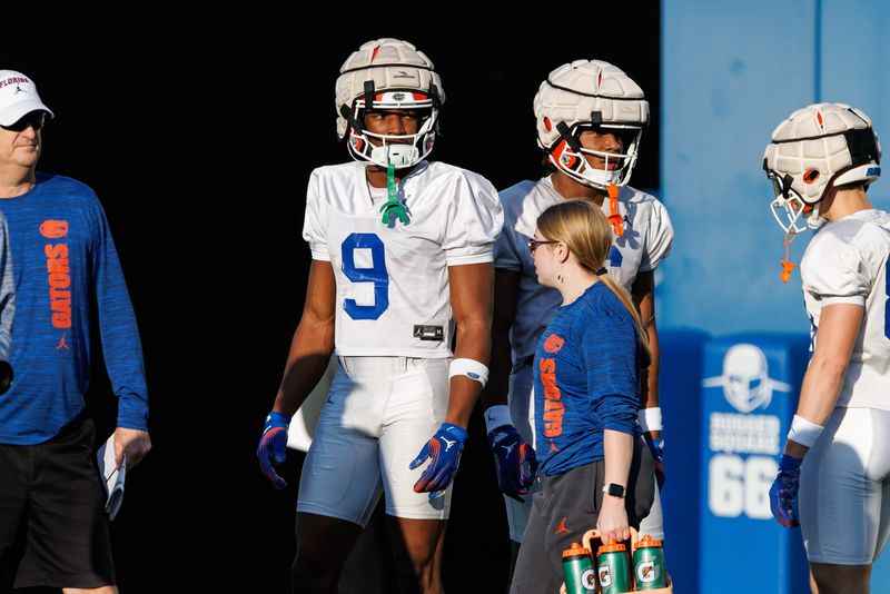 Florida Gators wide receiver J. Michael Sturdivant (9) looks on during spring football practice at Heavener Football Complex at the University of Florida in Gainesville, FL on Thursday, March 6, 2025. [Matt Pendleton/Gainesville Sun]
