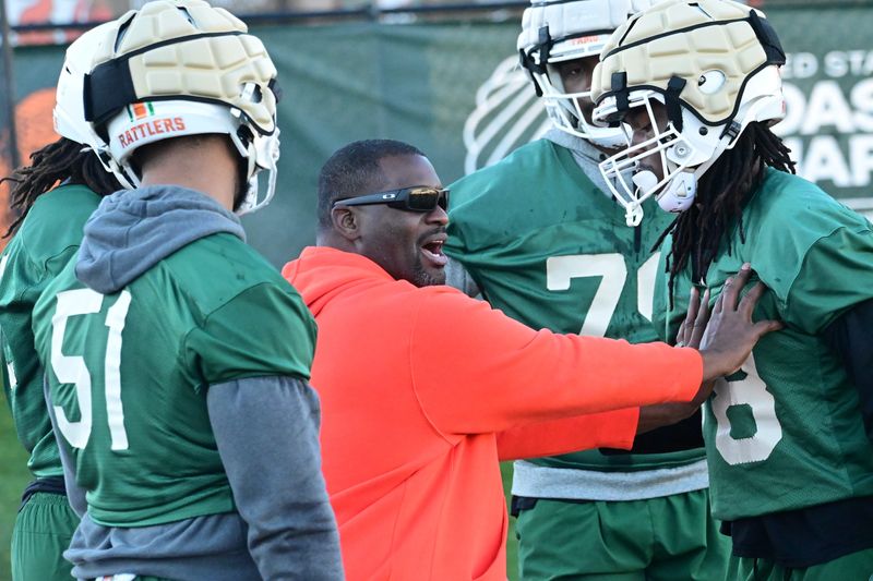 Florida A&M co-offensive coordinator and offensive line coach Cedric Williams directs the offensive linemen during the Rattlers' first spring football practice of 2025 on Ken Riley Field at Bragg Memorial Stadium in Tallahassee, Florida, Friday, March 7, 2025.