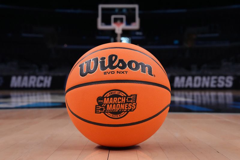 Mar 27, 2024; Los Angeles, CA, USA; A Wilson official Evo NXT game basketball with March Madness and Elite 8 and Sweet logo at Crypto.com Arena. Mandatory Credit: Kirby Lee-USA TODAY Sports