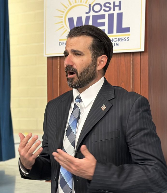 Democratic congressional candidate Josh Weil speaks at a town hall in Hastings on March 14, 2025. Weil is running in Florida's 6th congressional district in a special election April 1.