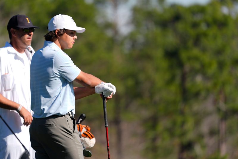 Mar 19, 2025; Graniteville, South Carolina, USA; Charlie Woods prepares to tee off No. one during the first round of the Junior Invitational at Sage Valley Golf Club. Woods is the son of golf legend Tiger Woods and finished at +6. Mandatory Credit: Katie Goodale - Augusta Chronicle/USA TODAY NETWORK