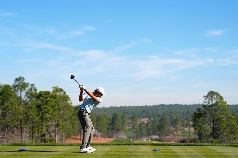 Mar 19, 2025; Graniteville, South Carolina, USA; Charlie Woods tees off No. one during the first round of the Junior Invitational at Sage Valley Golf Club. Woods is the son of golf legend Tiger Woods and finished at +6. Mandatory Credit: Katie Goodale - Augusta Chronicle/USA TODAY NETWORK