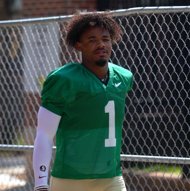 Florida State quarterback Tommy Castellanos walks into the first spring practice of the spring season on Wednesday, March 19, 2025.