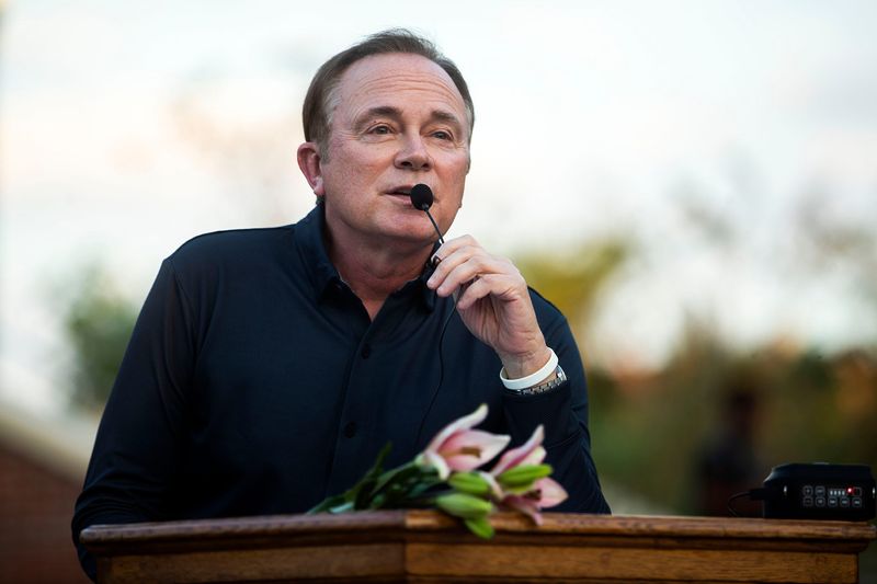 Jeff Binkley speaks during a memorial for the victims of the 2018 Hot Yoga shooting on Wednesday, Nov. 2, 2022 in Tallahassee, Fla.