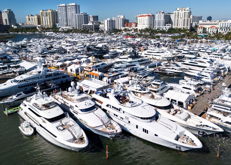 The Intracoastal Waterway is jammed with boats for the 2025 Palm Beach International Boat Show on March 18, 2025, in downtown West Palm Beach, Florida.
