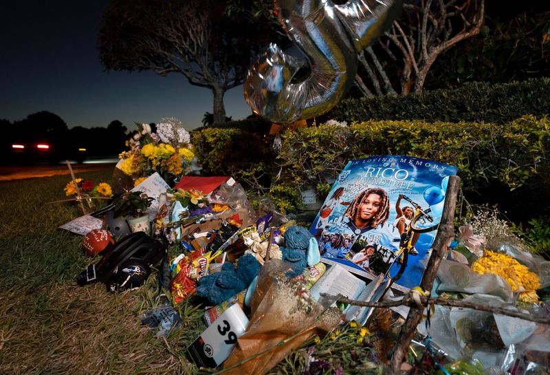 A make shift memorial for Rico Roundtree, 12, who died when the e-bike he was riding crashed into another vehicle last week at the entrance to the Paseos neighborhood just west of Military Trail in Jupiter, Florida.