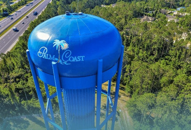 The Palm Coast water tank visible from Interstate 95.