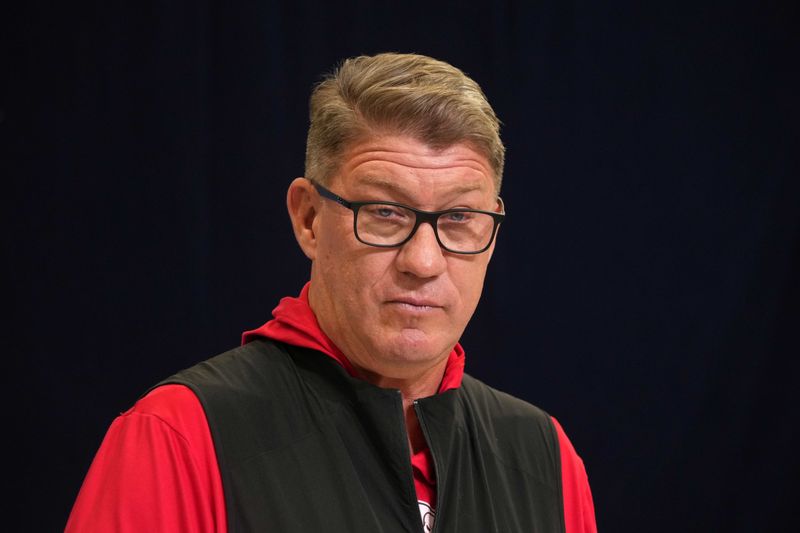 Feb 25, 2025; Indianapolis, IN, USA; Tampa Bay Buccaneers general manager Jason Licht speaks during the NFL Scouting Combine at the Indiana Convention Center. Mandatory Credit: Kirby Lee-Imagn Images
