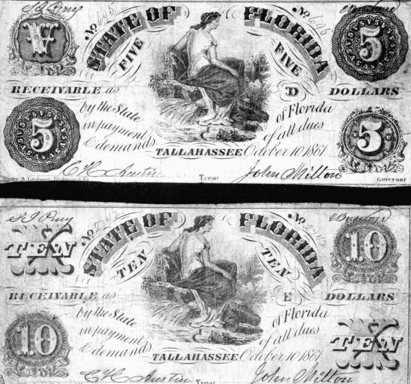 Samples of paper money, issued by the State of Florida during the Civil War.