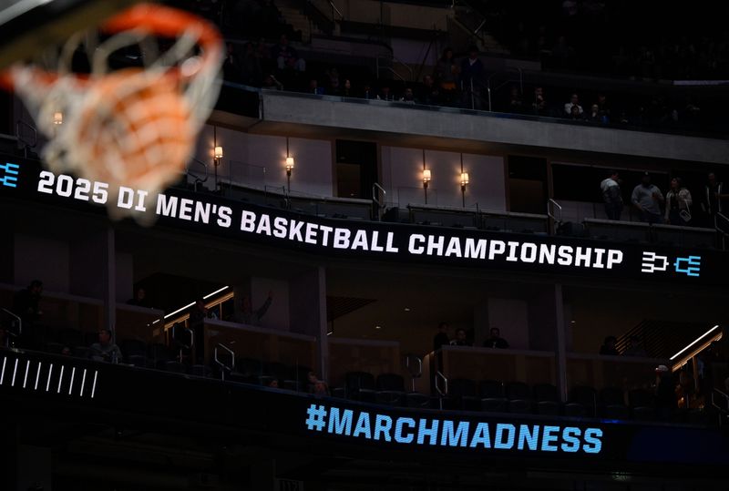 Mar 29, 2025; San Francisco, CA, USA; A general view of March Madness branding at the Chase Center prior to a game between the Texas Tech Red Raiders and the Florida Gators during the West Regional final of the 2025 NCAA tournament. Mandatory Credit: Eakin Howard-Imagn Images
