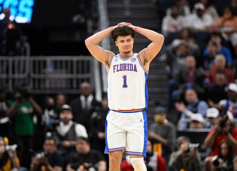Mar 29, 2025; San Francisco, CA, USA; Florida Gators guard Walter Clayton Jr. (1) reacts during the first half against the Texas Tech Red Raiders during the West Regional final of the 2025 NCAA tournament at Chase Center. Mandatory Credit: Eakin Howard-Imagn Images