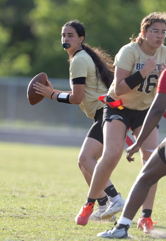 Buchholz Isabella Alexander (2) passes during a flag football game at Buchholz High School in Gainesville, FL on Tuesday, April 1, 2025. [Alan Youngblood/Gainesville Sun]
