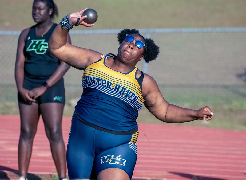 Winter Haven junior Olivia Celiscar competes in the shot put on Saturday at the Polk County Track and Field Championships at George Jenkins High School.