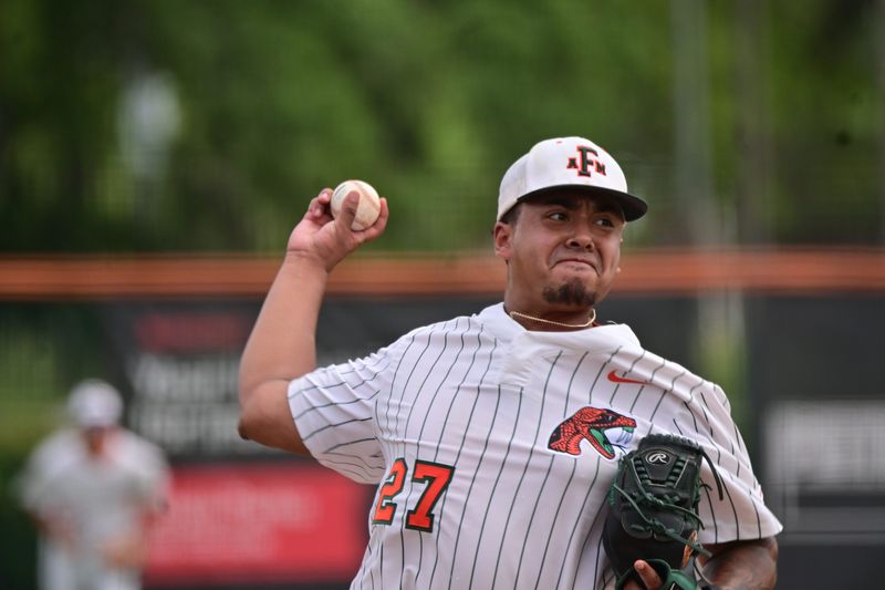 Florida A&M pitcher Jesus Campa tosses the baseball in an NCAA Southwestern Athletic Conference game versus the Jackson State Tigers on Moore-Kittles Field in Tallahassee, Florida, Sunday, April 6, 2025.