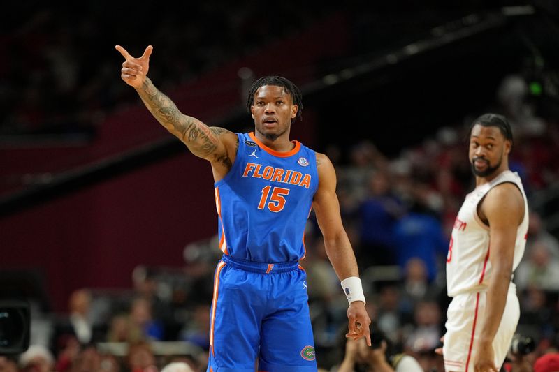 Apr 7, 2025; San Antonio, TX, USA; Florida Gators guard Alijah Martin (15) reacts after a play against the Houston Cougars during the second half of the national championship game of the Final Four of the 2025 NCAA Tournament at the Alamodome. Mandatory Credit: Bob Donnan-Imagn Images