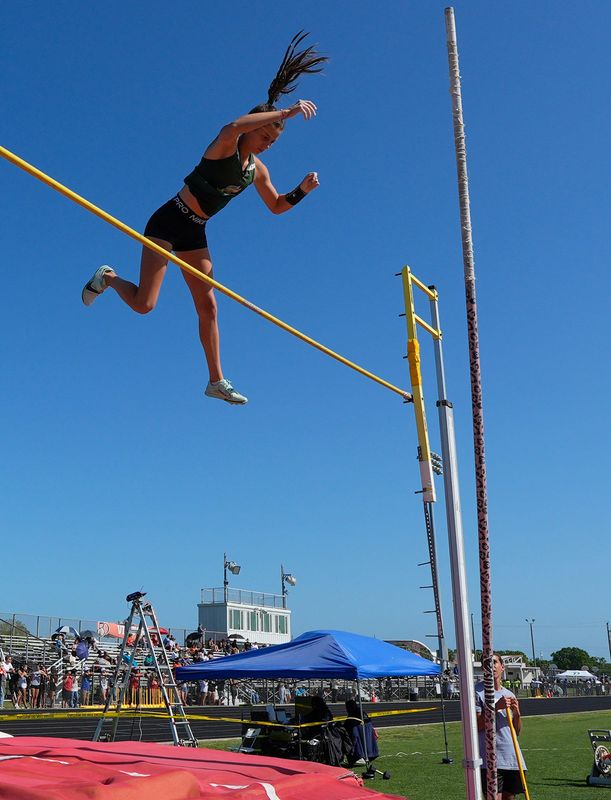 Kylie Neira, DeLand, competes in the pole vault event at the Five Star Conference Track and Field meet at Spruce Creek High School in Port Orange, Thursday, April 10, 2025.