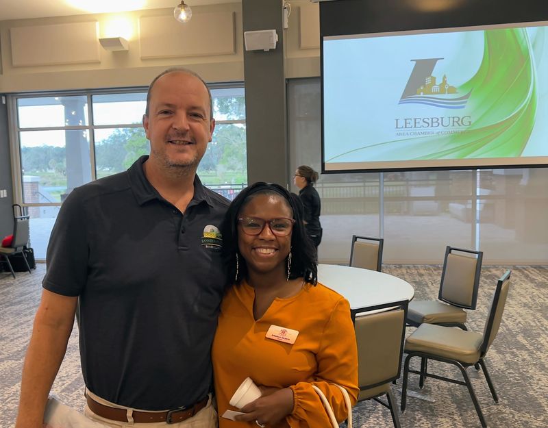 Paul ImOberstag, co-owner of Banner Harvest, an alternative health/CBD retailer in Leesburg, poses here with SBB award recipient Amanda Gaskin at a past Leesburg Area Chamber of Commerce sunrise meeting.