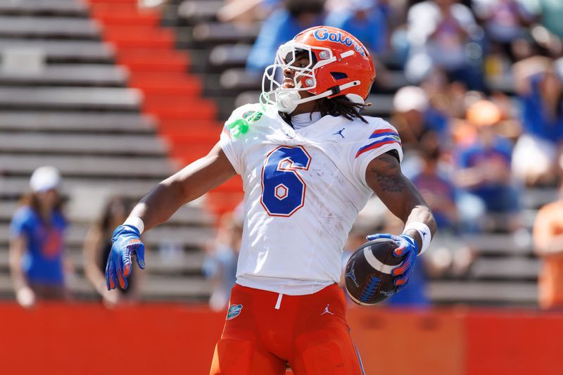 Apr 12, 2025; Gainesville, FL, USA; Florida Gators wide receiver Dallas Wilson (6) reacts after scoring a touchdown during the second half at Ben Hill Griffin Stadium. Mandatory Credit: Matt Pendleton-Imagn Images