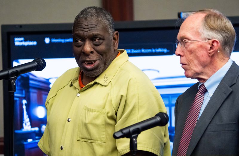 Henry Tenon, left, answers questions from Judge London Kite as he appeared for a status hearing at the Duval County Courthouse on April 15, 2025, with Assistant Public Defender Alan Chipperfield. In previously pleading guilty, Tenon confessed to being the trigger man in the 2022 Jared Bridegan murder-for-hire case in Jacksonville Beach.