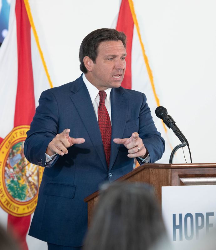 Florida Governor Ron DeSantis speaks during a press conference at Pensacola State College in Pensacola, Florida on Tuesday, April 15, 2025.