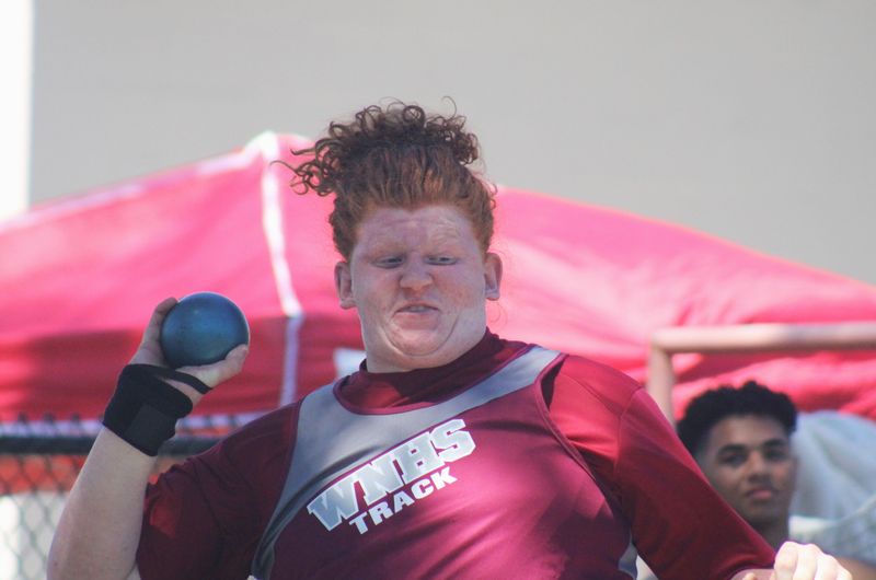 Clayton Lee of West Nassau prepares his attempt in the boys shot put during the FHSAA District 3-2A high school track and field meet on April 16, 2025. [Clayton Freeman/Florida Times-Union]