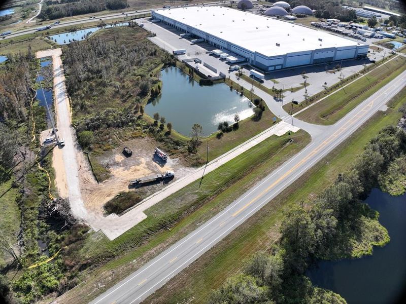 A drone photo shows the construction of a wildlife crossing over Interstate 4 east of Lakeland. The photo shows the connection between I-4 and State Road 33, where an underpass will replace a box culvert.