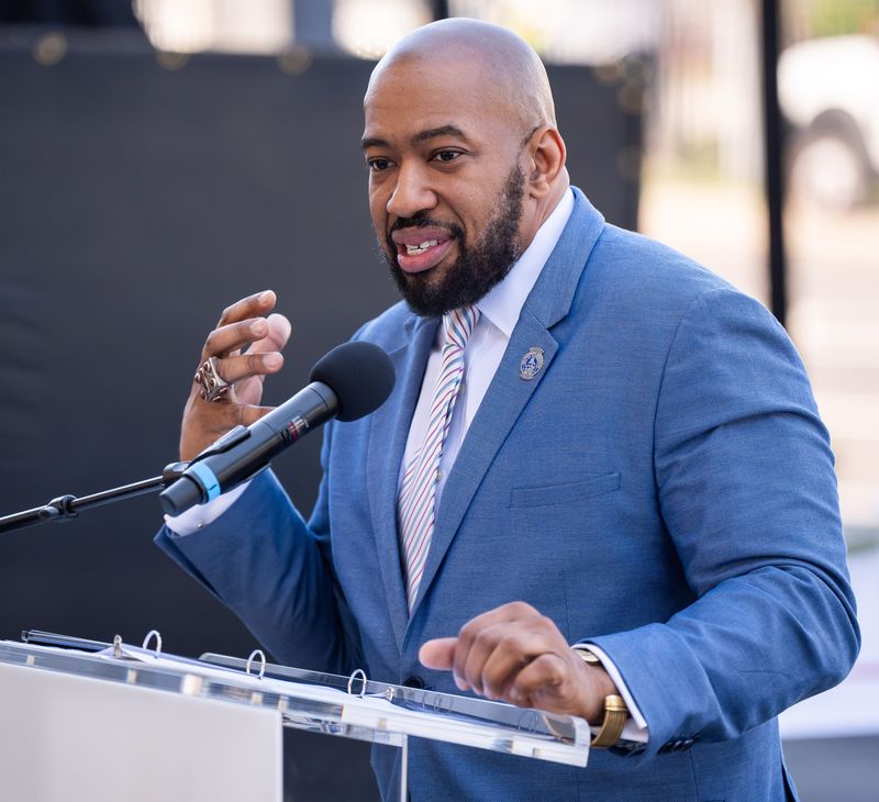 Rahman Johnson spoke at the Jacksonville Transportation Authority’s ceremony marking the completion of its Autonomous Innovation Center Thursday April 17, 2025 in Jacksonville, Fla . [Doug Engle/Florida Times-Union]