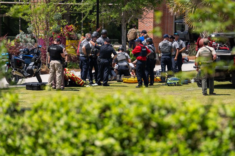 Local and state law enforcement agencies work the scene of an active shooter on the campus of Florida State University on Thursday, April 17, 2025.
