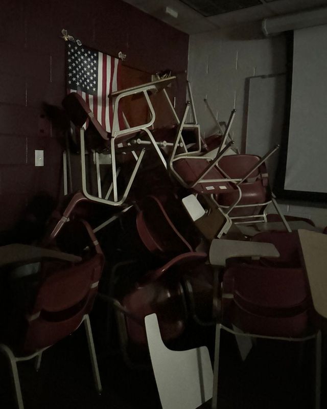 A barricade inside a classroom at Florida State University on April 17, 2025, when a gunman on a shooting rampage at FSU's Tallahassee campus killed two and wounded six. The alleged shooter was himself shot and taken to a local hospital. The surviving student victims were listed in fair condition.
