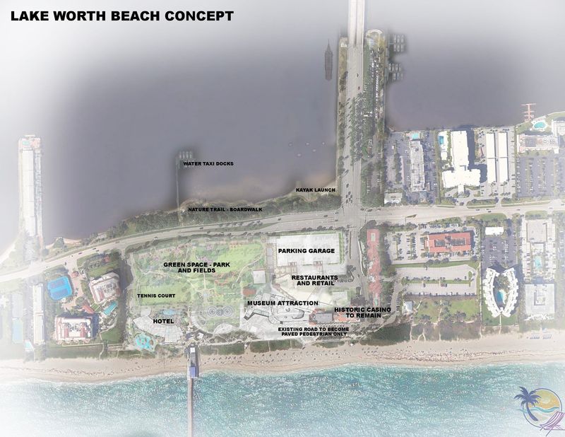 Map of proposed development of land around the Lake Worth Beach casino along the beach. Properties include a hotel, a museum, shops and restaurant spaces and a parking garage as well as a park with tennis courts and walking paths.