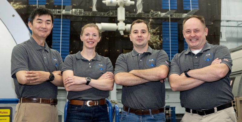 NASA’s SpaceX Crew-11 members stand inside the Space Vehicle Mockup Facility at the agency’s Johnson Space Center in Houston. From left are Mission Specialist Kimiya Yui from JAXA (Japan Aerospace Exploration Agency), Commander NASA astronaut Zena Cardman, Mission Specialist Oleg Platonov of Roscosmos, and Pilot NASA astronaut Mike Fincke.
