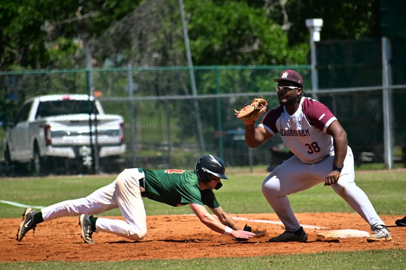 Florida A&M Rattlers outfielder Justen Crews dives on base safely during an NCAA Southwestern Athletic Conference game versus the Alabama A&M Bulldogs on Moore-Kittles Field in Tallahassee, Florida, Sunday, May 4, 2025.