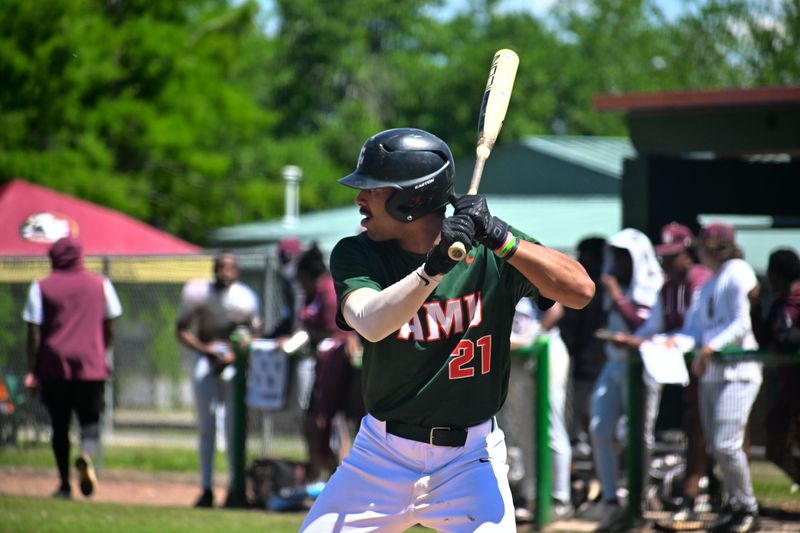 Florida A&M Rattlers first baseman Josue Figueroa prepares to bat during an NCAA Southwestern Athletic Conference game versus the Alabama A&M Bulldogs on Moore-Kittles Field in Tallahassee, Florida, Sunday, May 4, 2025.