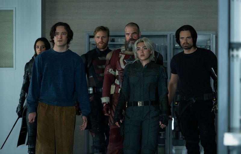 Hannah John-Kamen, Lewis Pullman, Wyatt Russell, David Harbour Florence Pugh and Sebastian Stan in "Thunderbolts*."