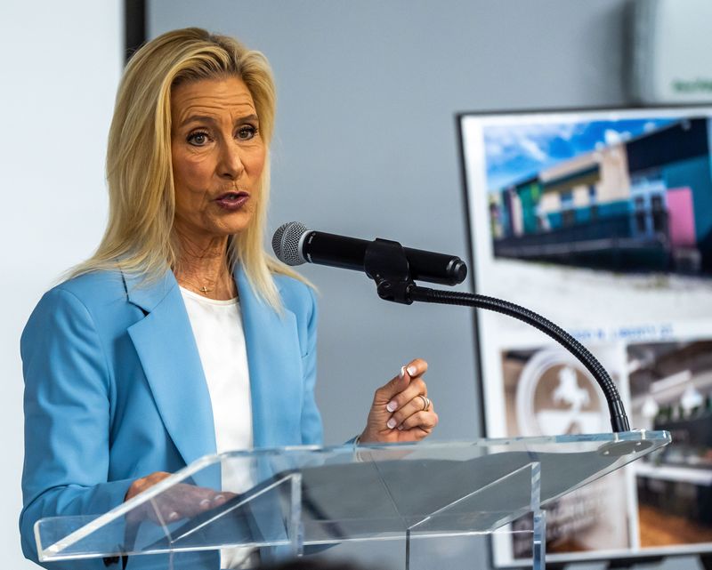 Mayor of Jacksonville Donna Deegan addresses the crowd who attended the ribbon cutting of the new Jacksonville Small and Emerging Business office building Wednesday morning, May 7, 2025 at 865 Golfair Boulevard in Jacksonville, Florida.