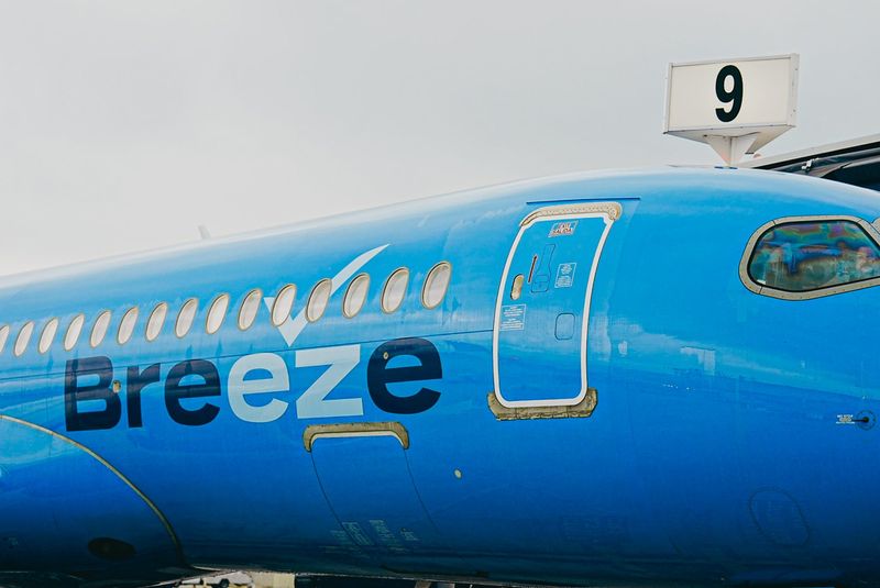 Breeze Airways’ plane used for their inaugural flight from Memphis International Airport to Tampa can be seen on May 7, 2025 at the Memphis International Airport in Memphis, Tenn.