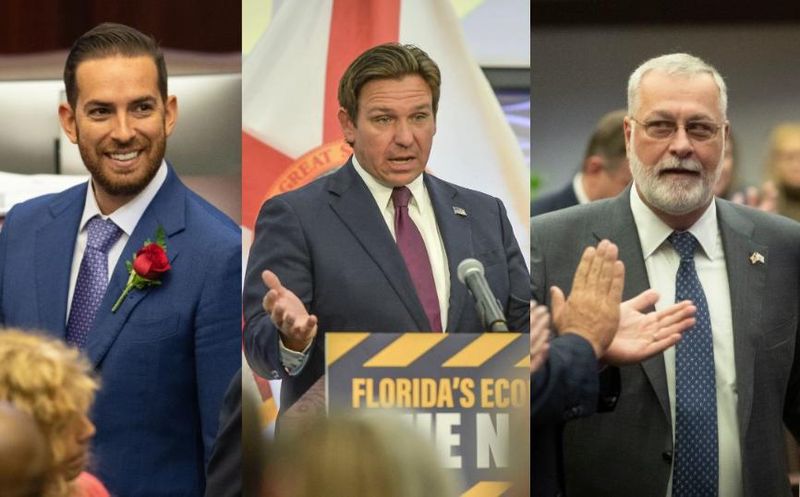 From left, Florida House Speaker Daniel Perez, R-Miami; Gov. Ron DeSantis; Florida Senate President Ben Albritton, R-Wauchula.