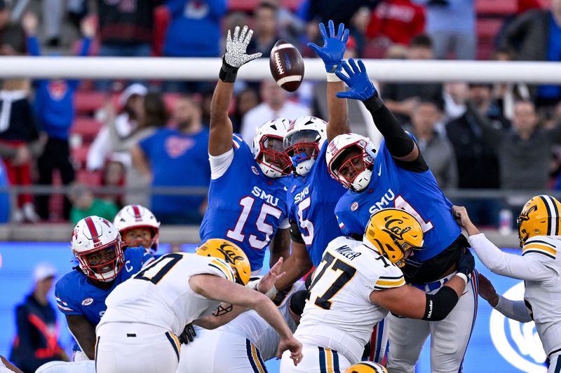 Nov 30, 2024; Dallas, Texas, USA; Southern Methodist Mustangs defensive end Cameron Robertson (15) and defensive end Elijah Roberts (5) and defensive lineman Jared Harrison-Hunte (81) attempt to block a kick by California Golden Bears place kicker Ryan Coe (40) during the second half at Gerald J. Ford Stadium. Mandatory Credit: Jerome Miron-Imagn Images