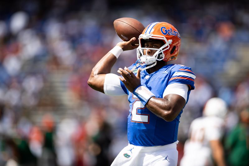 Aug 31, 2024; Gainesville, Florida, USA; Florida Gators quarterback DJ Lagway (2) throws the ball before a game against the Miami Hurricanes at Ben Hill Griffin Stadium. Mandatory Credit: Matt Pendleton-USA TODAY Sports