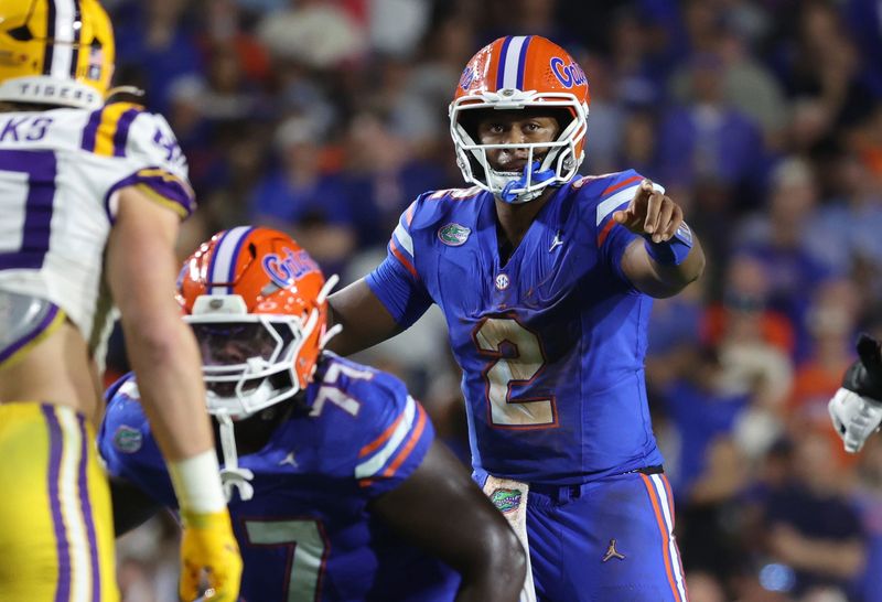 Nov 16, 2024; Gainesville, Florida, USA; Florida Gators quarterback DJ Lagway (2) calls a play against the LSU Tigers during the second half at Ben Hill Griffin Stadium. Mandatory Credit: Kim Klement Neitzel-Imagn Images