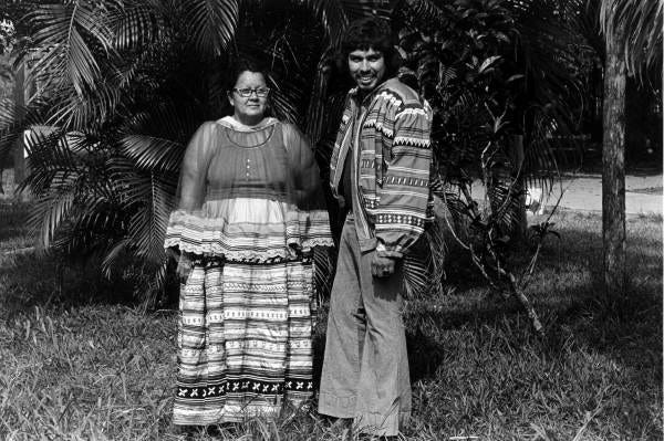 Former Chair of the Seminole Tribe of Florida Betty Mae Jumper and future chairman James 'Jim' Billie posing together for a portrait in Fort Lauderdale in 1973. Jumper was born in Indiantown in 1923. Jumper became the first female chief of the Seminole Tribe of Florida.