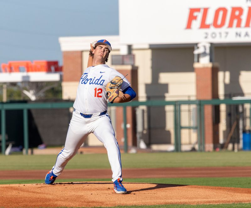 Florida's pitcher Liam Peterson (12) is the starter in the matchup against Alabama. Florida came back from being down 5-0 to beat Alabama 7-6, Friday, May 15, 2025, at Condron Family Ballpark in Gainesville, Florida. [Cyndi Chambers/ Gainesville Sun] 2025