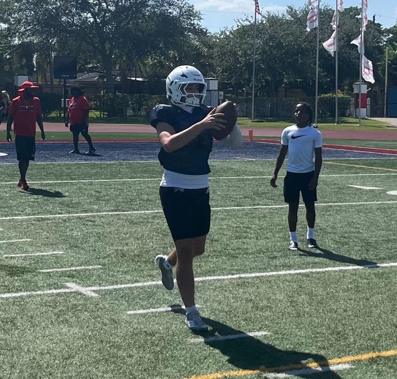 Chaminade-Madonna wide receiver Jasen Lopez catches a pass during the Lions spring scrimmage on May 19, 2025 in Hollywood, Florida.