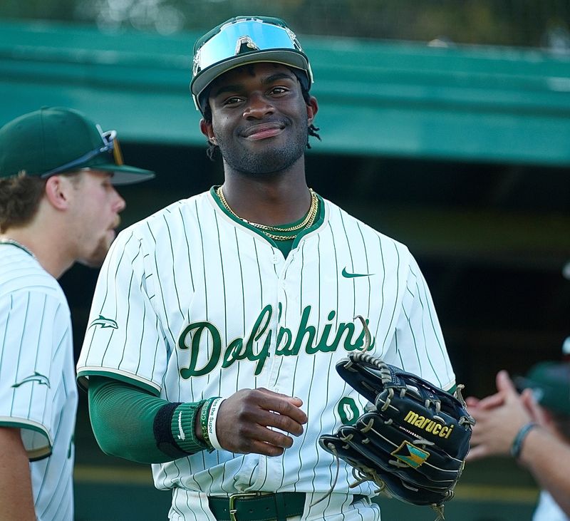Jacksonville University sophomore outfielder Jaden Bastian hit his 11th homer of the season to lead off the game in the Dolphins 5-1 victory over North Alabama on May 20 in the opening game of the ASUN baseball tournament in DeLand.