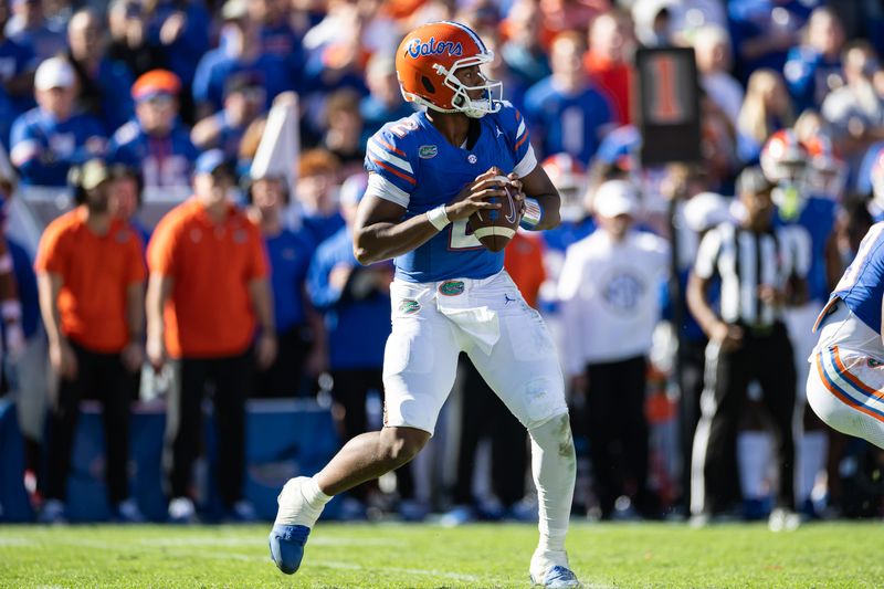 Nov 23, 2024; Gainesville, Florida, USA; Florida Gators quarterback DJ Lagway (2) looks to throw against the Mississippi Rebels during the second half at Ben Hill Griffin Stadium. Matt Pendleton-Imagn Images